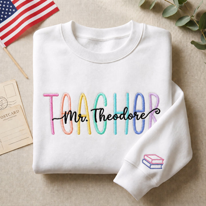 Personalized Teacher Custom Name Colorful Letters Book embroidered sweatshirt - front view