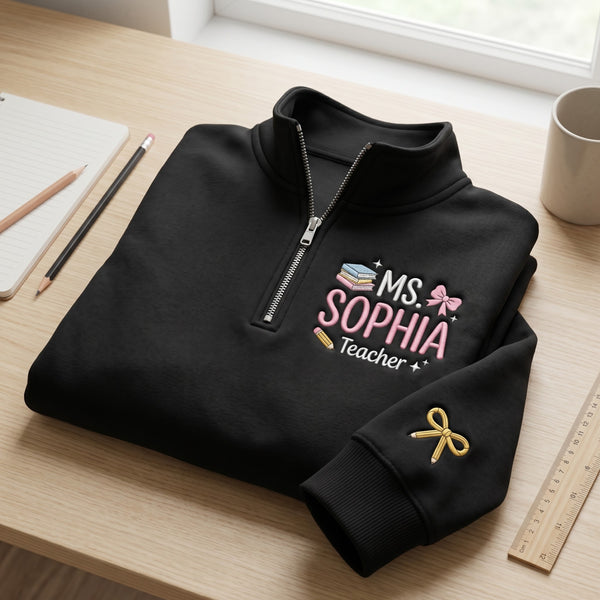 Personalized Ms Teacher Books Bow Coquette embroidered quarter-zip - front view