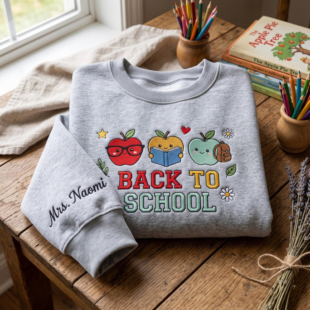 Personalized Back To School Cute Apple Trio Teacher Custom Name Sleeve embroidered sweatshirt - front view