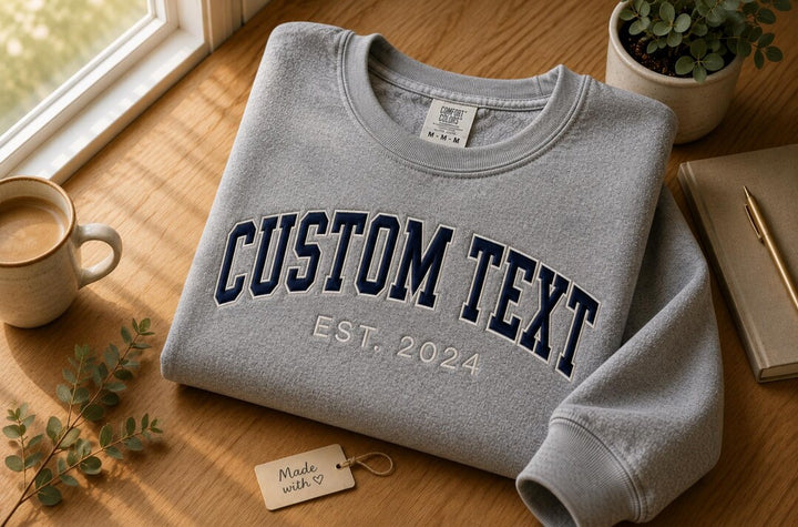 Personalized Custom Text Varsity Arch EST Year embroidered sweatshirt - front view
