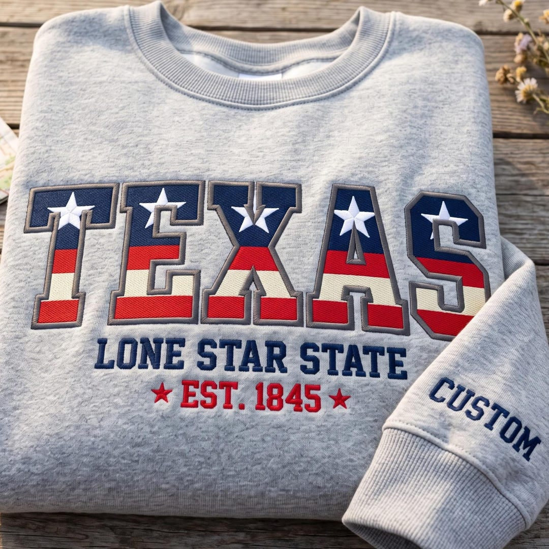 Personalized Texas Lone Star State Est 1845 Flag Varsity embroidered sweatshirt - front view