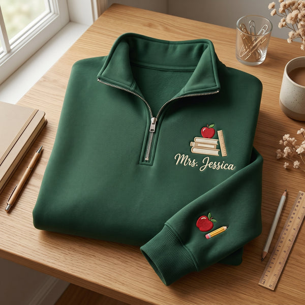 Personalized Teacher Apple Books Ruler embroidered quarter-zip - front view