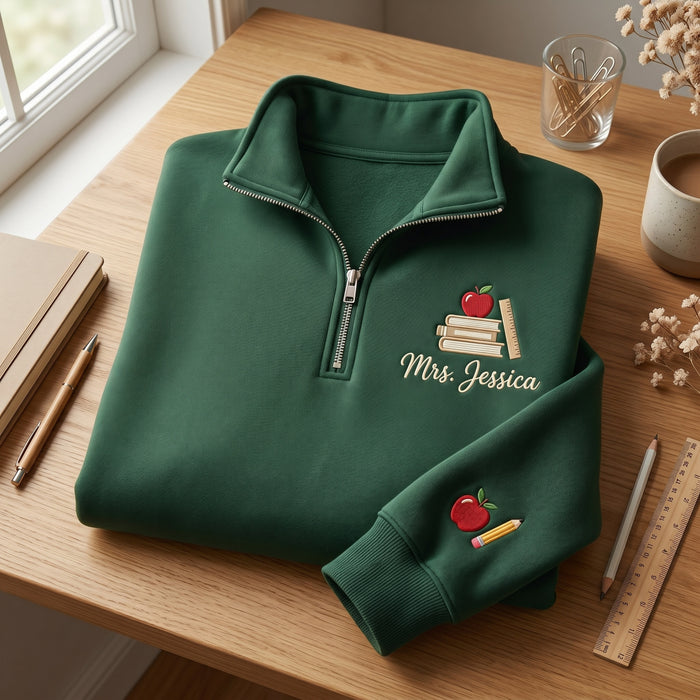 Personalized Teacher Apple Books Ruler Embroidered Quarter-Zip