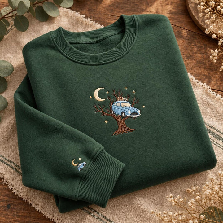 Vintage Car In Tree Moon Stars Whimsical Adventure embroidered sweatshirt - front view