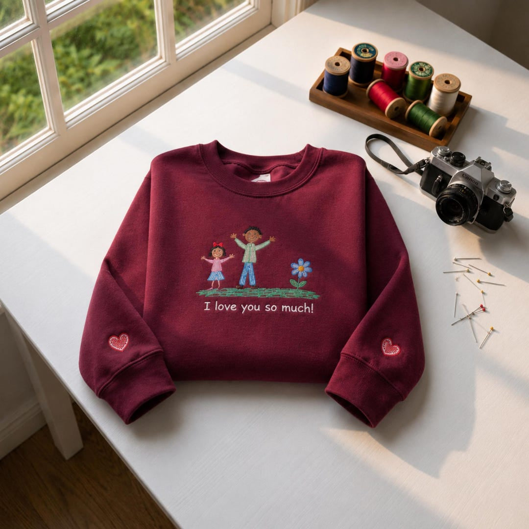 Personalized Kids Drawing Stick Figure Family Flower I Love You So Much embroidered sweatshirt - front view