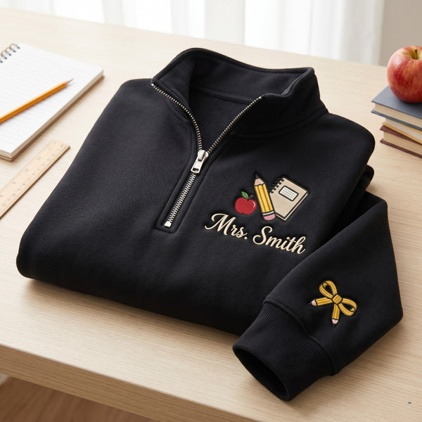 Personalized Teacher Apple Pencil Notebook Coquette Bow embroidered quarter-zip - front view