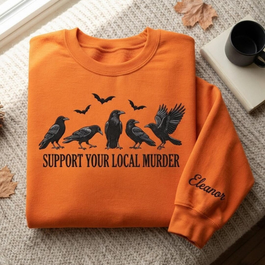 Personalized Halloween Murder of Crows Ravens Bats Support Your Local Murder Sleeve Name embroidered sweatshirt - front view