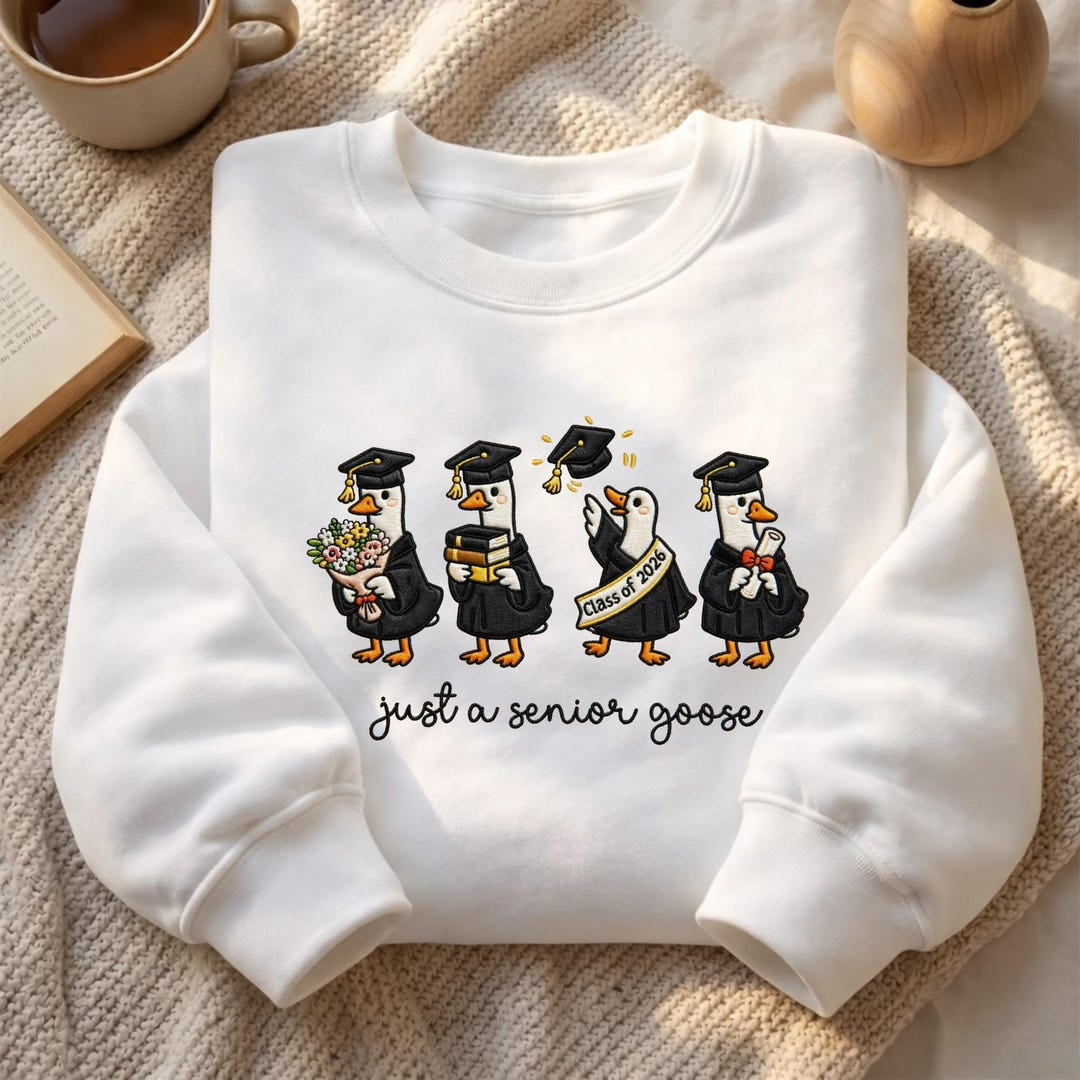 Class of 2026 Senior Goose Graduation Cap Gown Funny Milestone embroidered sweatshirt - front view