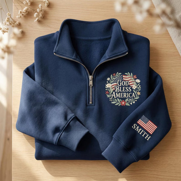 Personalized God Bless America Floral Wreath Flag Custom Name Sleeve embroidered quarter-zip - front view