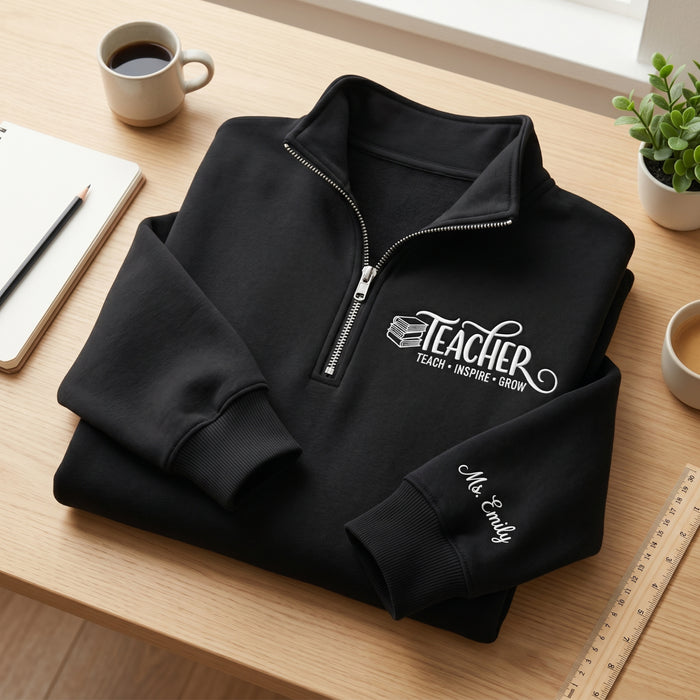 Personalized Teacher Teach Inspire Grow Books Sleeve Name Embroidered Quarter-Zip
