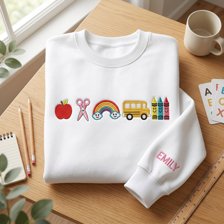 Personalized Back to School Apple Rainbow Bus Crayons Sleeve Name embroidered sweatshirt - front view