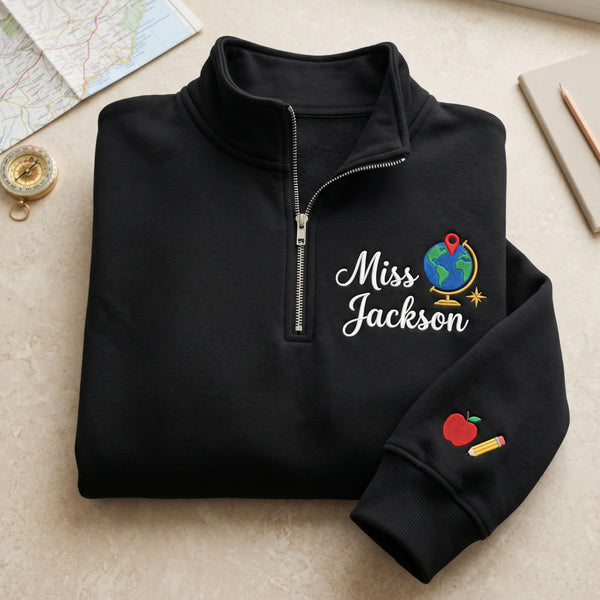 Personalized Teacher Globe Map Pin embroidered quarter-zip - front view