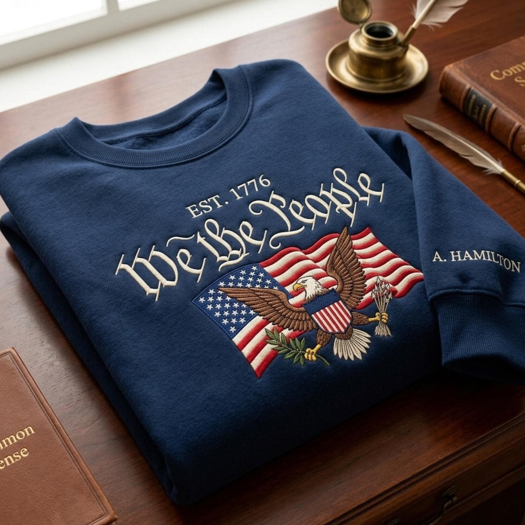 Personalized We The People EST 1776 Eagle American Flag Custom Sleeve Name embroidered hoodie - front view
