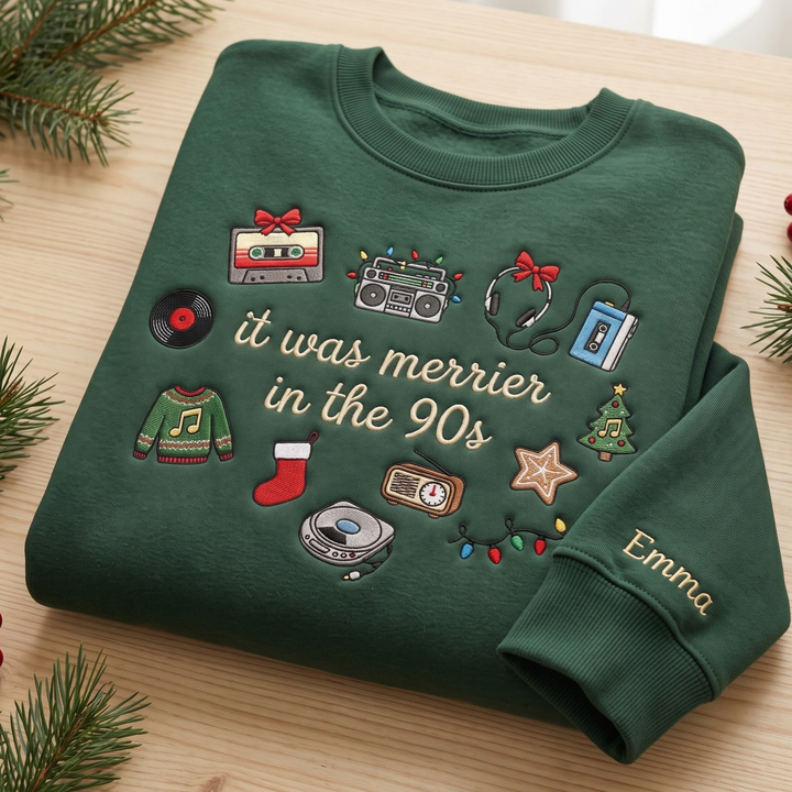 Personalized It Was Merrier In The 90s Christmas Retro Icons embroidered sweatshirt - front view