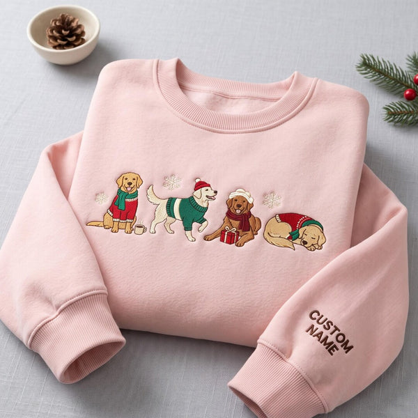 Personalized Christmas Four Golden Retrievers Festive Holiday Custom Name Sleeve embroidered sweatshirt - front view