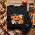 Personalized Halloween Floral Jack-o-Lantern Pumpkin Daisy Flowers Sleeve Name embroidered sweatshirt - front view