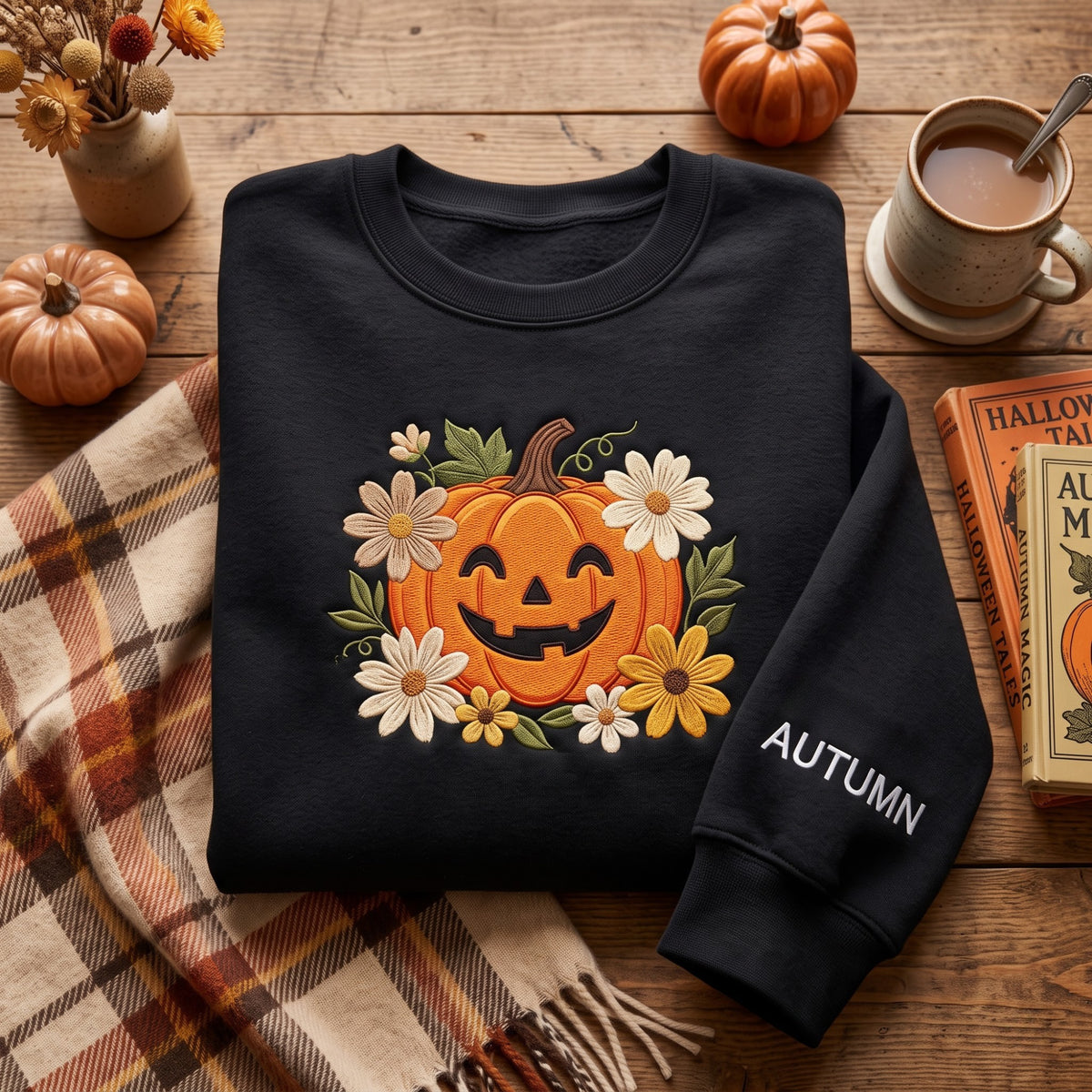Personalized Halloween Floral Jack-o-Lantern Pumpkin Daisy Flowers Sleeve Name embroidered sweatshirt - front view