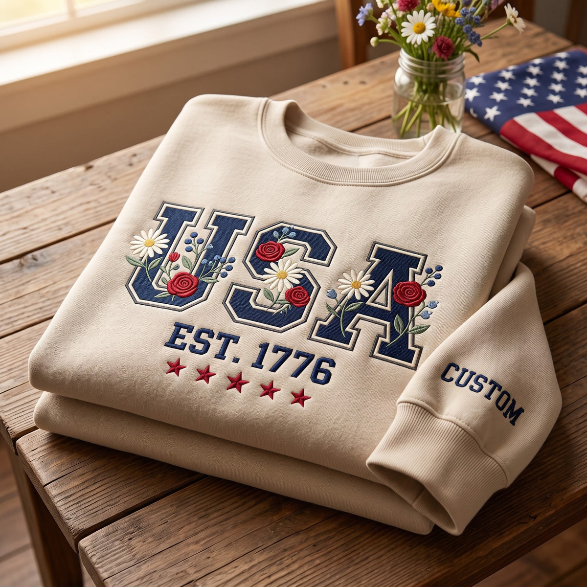 Personalized USA Floral Wildflower EST 1776 Stars Patriotic embroidered sweatshirt - front view