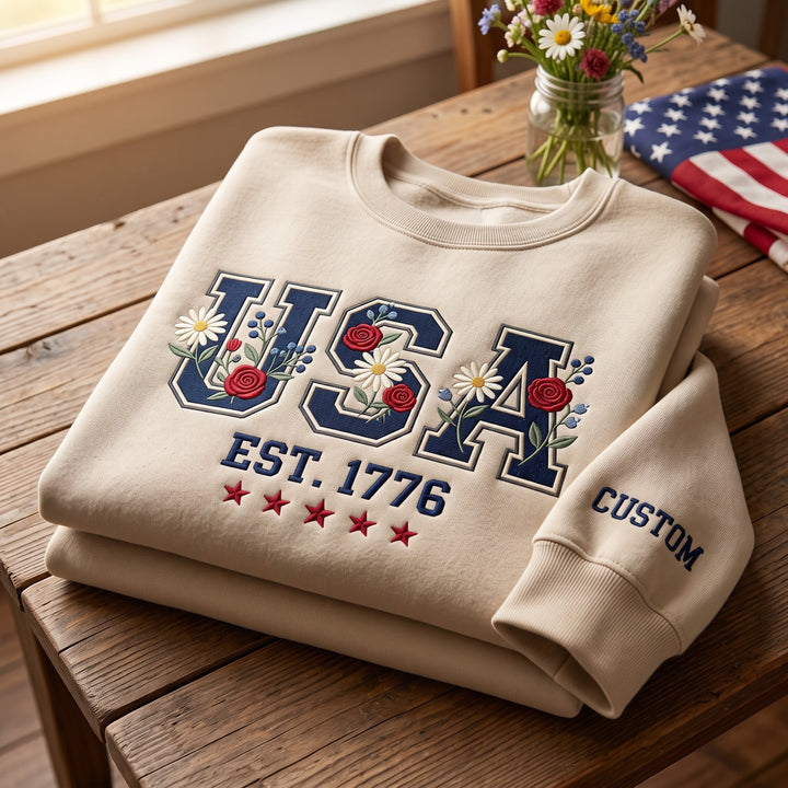 Personalized USA Floral Wildflower EST 1776 Stars Patriotic embroidered sweatshirt - front view
