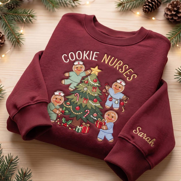 Personalized Christmas Cookie Nurses Gingerbread Tree Ornaments Custom Name Sleeve embroidered sweatshirt - front view