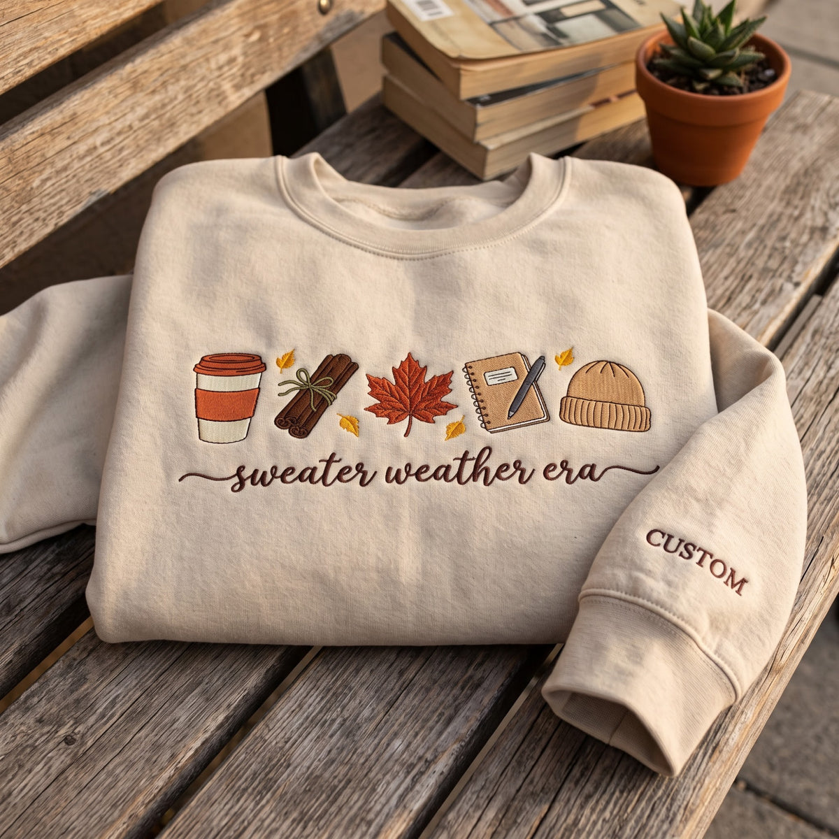 Personalized Sweater Weather Era Fall Icons Coffee Leaf Cinnamon embroidered sweatshirt - front view
