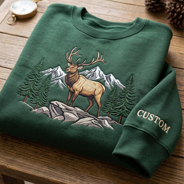 Personalized Elk Mountain Wilderness Pine Trees Rocky Landscape embroidered sweatshirt - front view