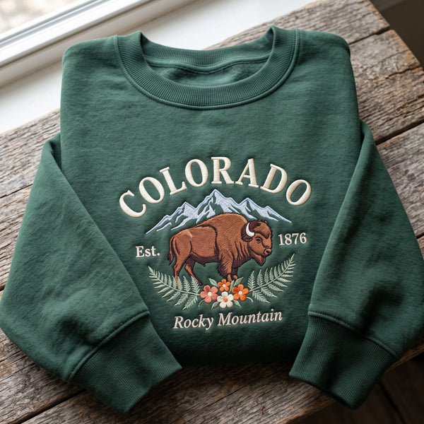 Colorado Rocky Mountain Bison Est 1876 Wildflower embroidered sweatshirt - front view