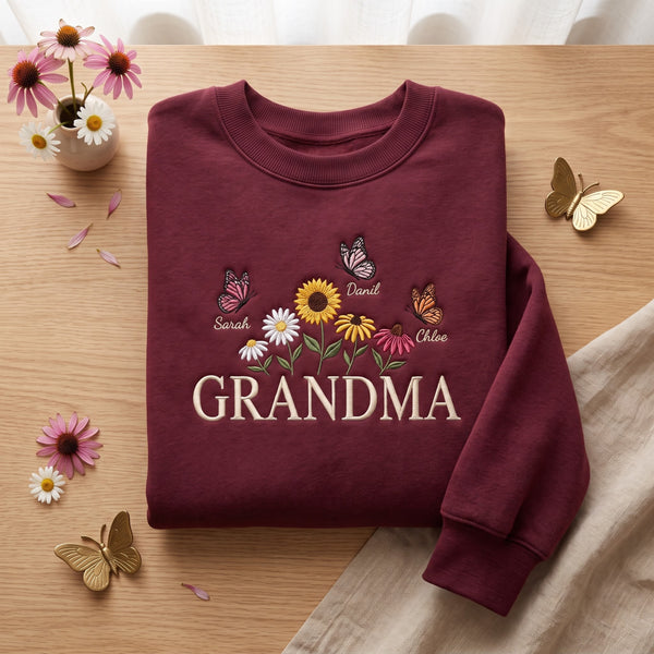 Personalized Grandma Wildflower Bouquet Butterflies Kids Names embroidered sweatshirt - front view