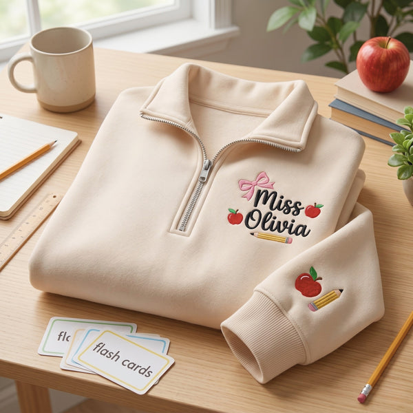 Personalized Teacher Apple Pencil Coquette Bow embroidered quarter-zip - front view