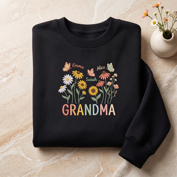 Personalized Grandma Wildflower Garden Kids Names Butterflies Colorful embroidered sweatshirt - front view
