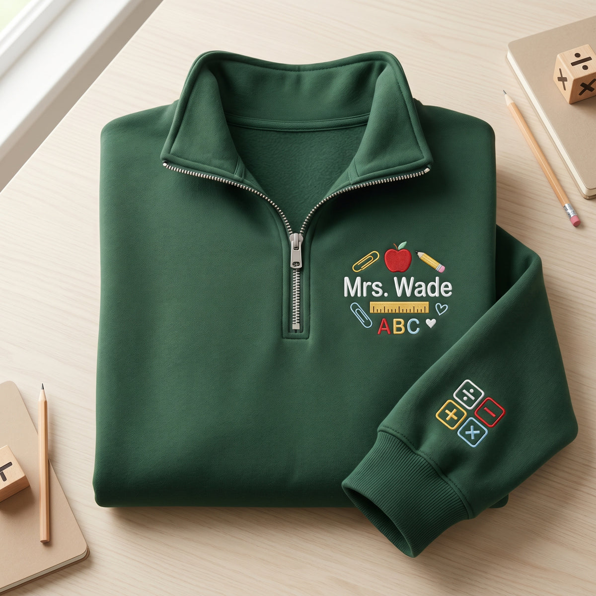 Personalized Teacher Name Apple ABC Ruler Pencil embroidered quarter-zip - front view