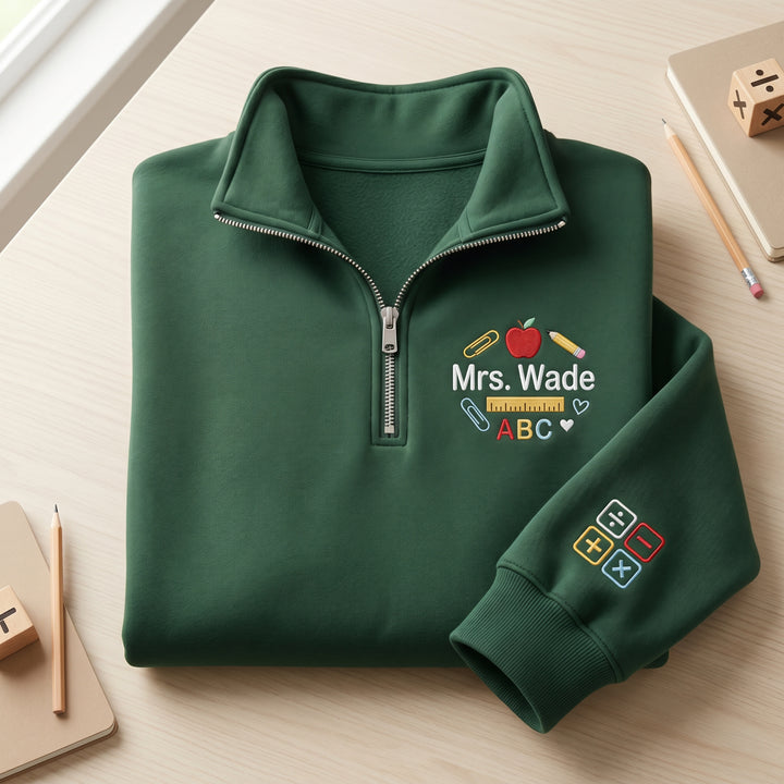 Personalized Teacher Name Apple ABC Ruler Pencil embroidered quarter-zip - front view