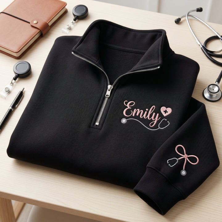 Personalized Nurse Name Bow Stethoscope Heart Left Chest Sleeve embroidered quarter-zip - front view