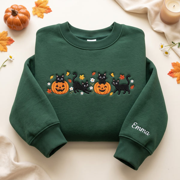 Personalized Halloween Black Cats Jack-O-Lantern Pumpkins Fall Leaves Floral embroidered sweatshirt - front view