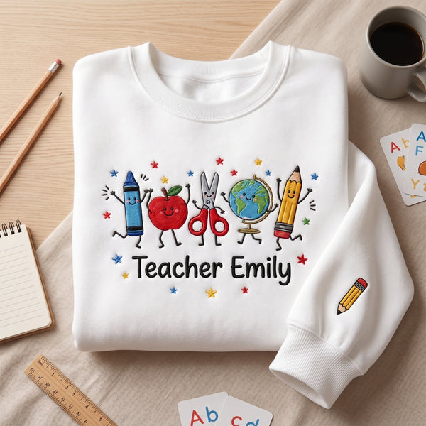 Personalized Teacher Name Crayon Apple Scissors Globe Pencil School Supplies embroidered sweatshirt - front view