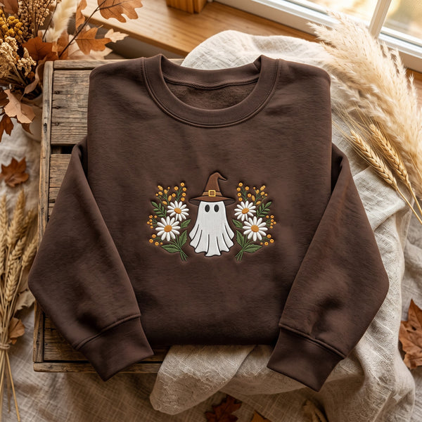 Halloween Ghost Witch Hat Daisy Wildflower Floral embroidered sweatshirt - front view