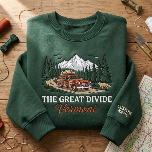 Personalized The Great Divide Vermont Vintage Wagon Car Mountain Forest Fox embroidered sweatshirt - front view
