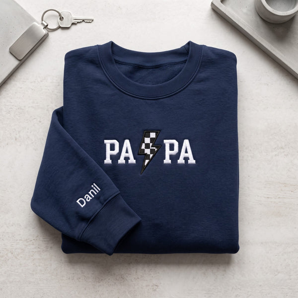 Personalized Papa Checkered Lightning Bolt Kids Names on Sleeve embroidered sweatshirt - front view