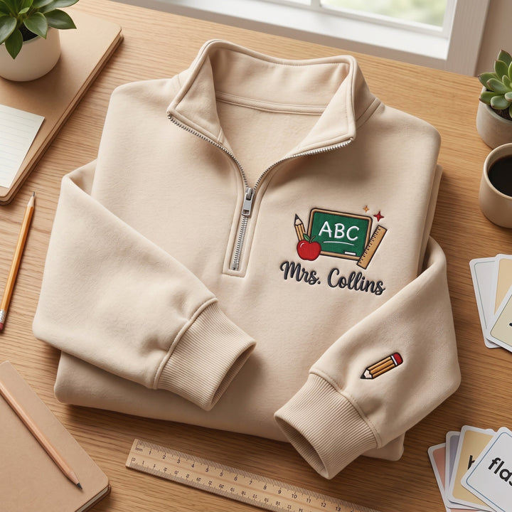 Personalized Teacher ABC Chalkboard Apple Pencil Ruler embroidered quarter-zip - front view