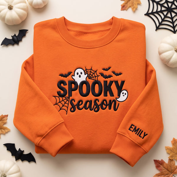Personalized Spooky Season Ghost Bats Spider Web Halloween embroidered sweatshirt - front view