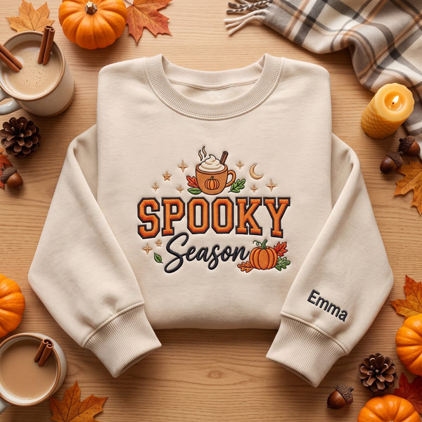 Personalized Spooky Season Pumpkin Latte Fall Leaves Stars embroidered sweatshirt - front view