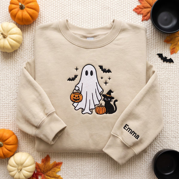 Personalized Halloween Ghost Black Cat Witch Hat Pumpkin Bats embroidered sweatshirt - front view