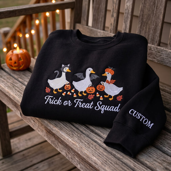 Personalized Halloween Costumed Geese Trick or Treat Squad embroidered sweatshirt - front view