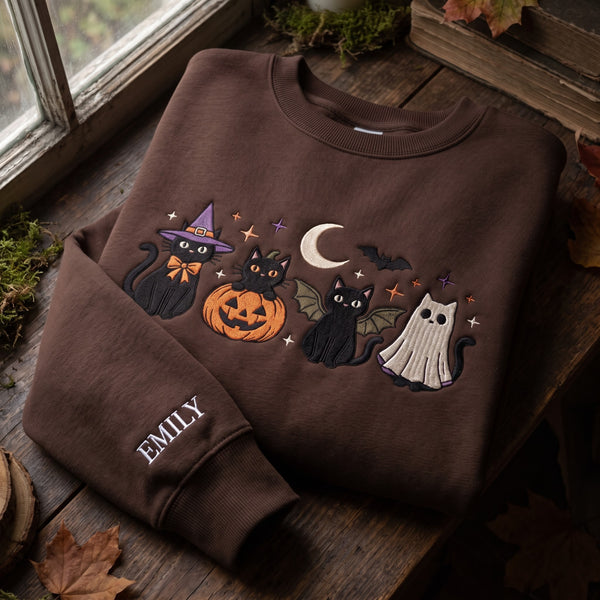Personalized Halloween Black Cats Witch Pumpkin Bat Ghost embroidered sweatshirt - front view