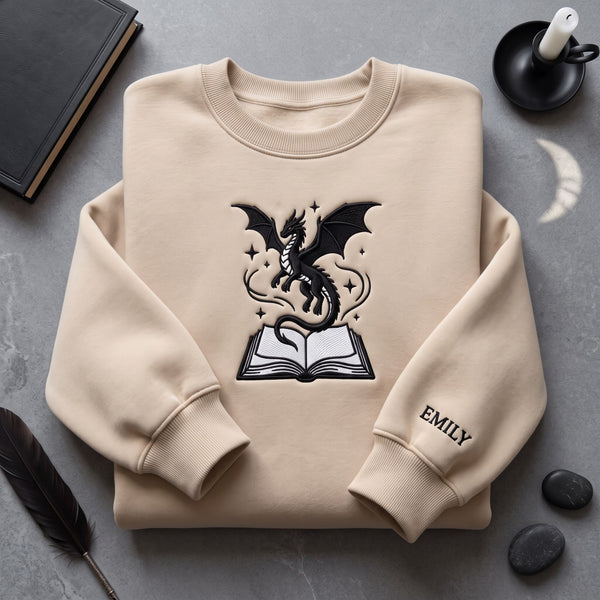 Personalized Fantasy Dragon Rising From Book Magic Stars embroidered sweatshirt - front view