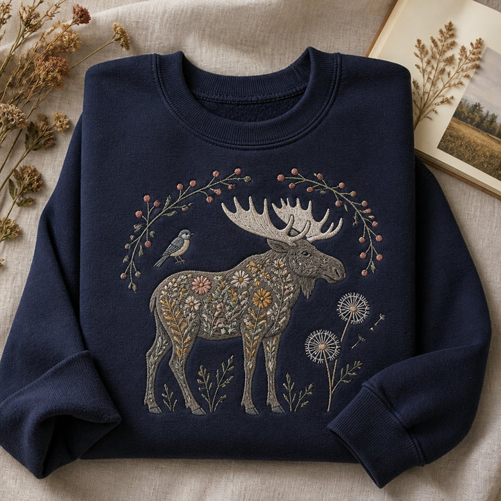 Wildflower Moose Scene Botanical Nature Women embroidered sweatshirt - front view