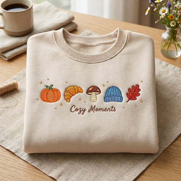 Fall Pumpkin Croissant Mushroom Beanie Leaf Cozy Moments embroidered sweatshirt - front view