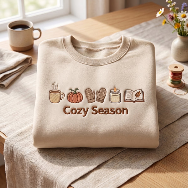 Cozy Season Fall Icons Pumpkin Mittens Candle Book Coffee embroidered sweatshirt - front view