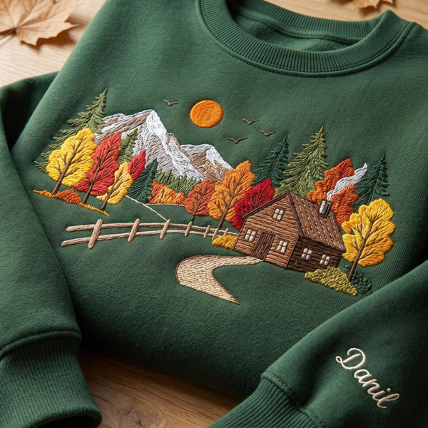 Personalized Autumn Mountain Cabin Cottagecore Wilderness Landscape embroidered sweatshirt - front view