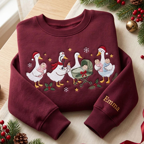 Personalized Christmas Nurse Goose Baby Stroller Santa Hat Snowflakes Holly Custom Name Sleeve embroidered sweatshirt - front view